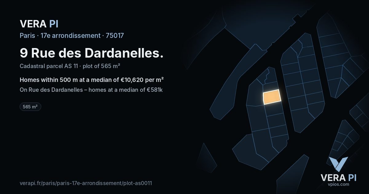 9 Rue des Dardanelles, 17e arrondissement at night – the plot lit, the parcels around coloured by the prices near them
