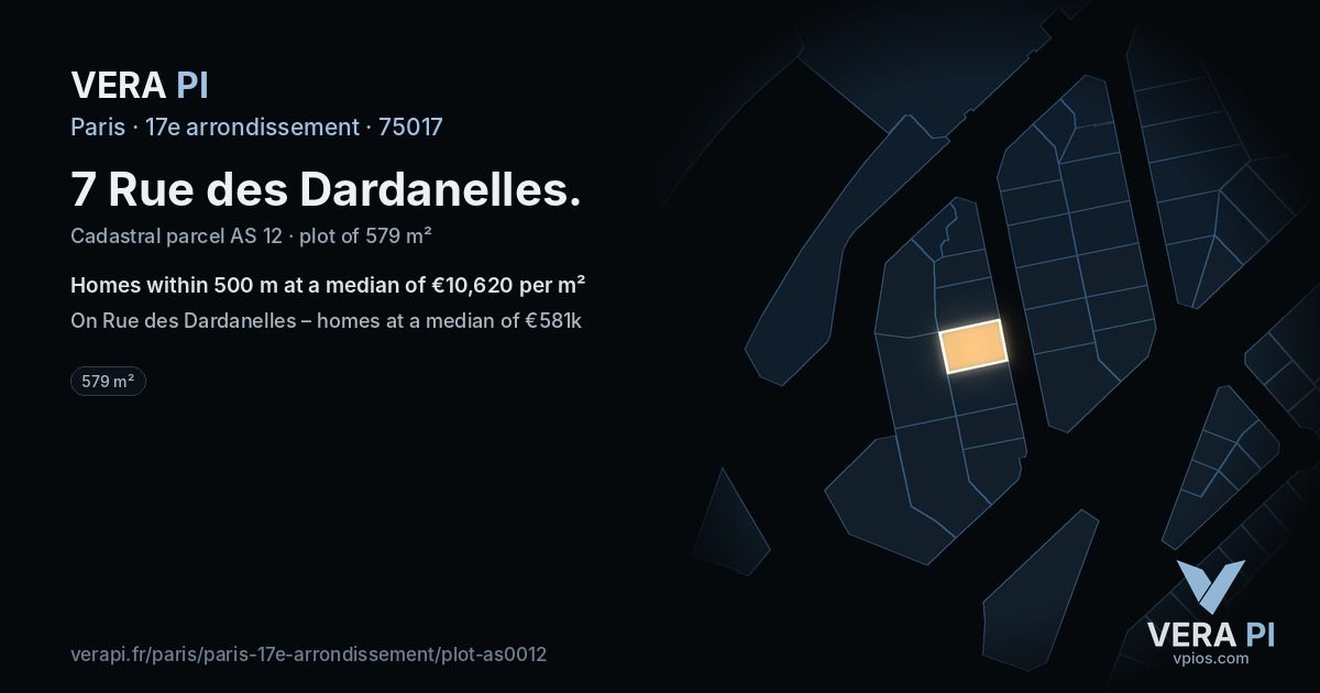 7 Rue des Dardanelles, 17e arrondissement at night – the plot lit, the parcels around coloured by the prices near them