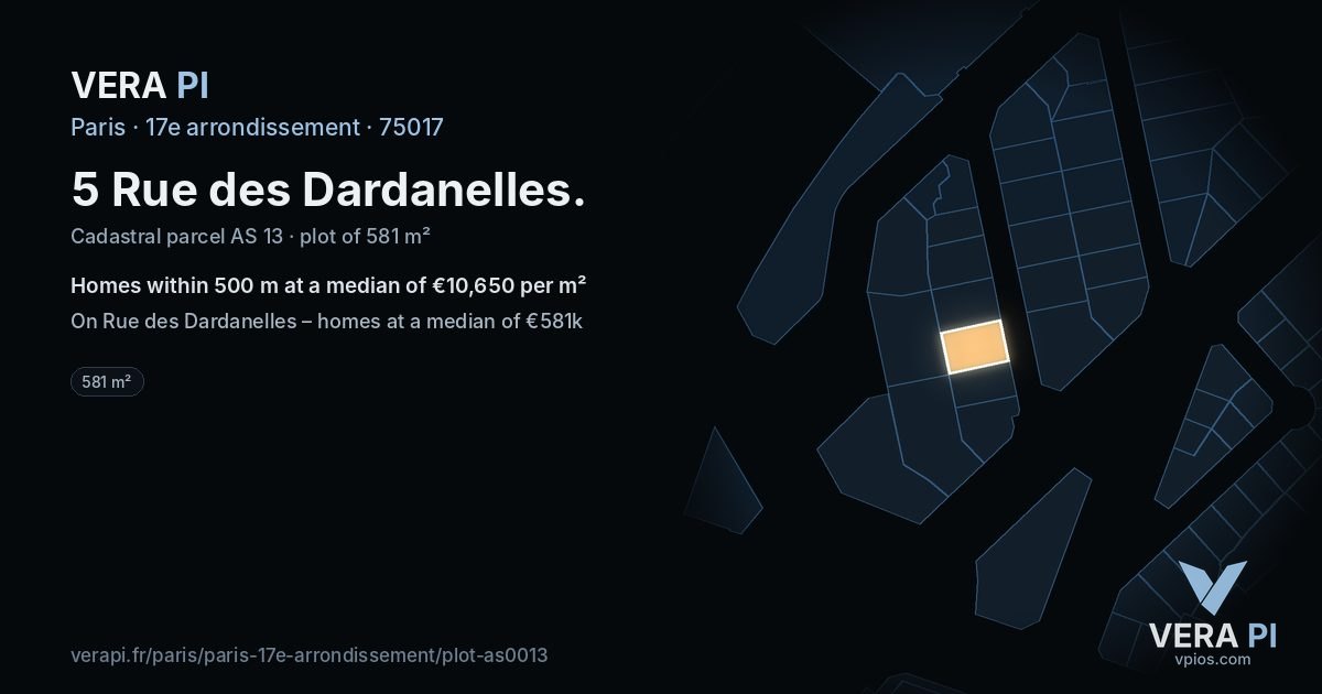 5 Rue des Dardanelles, 17e arrondissement at night – the plot lit, the parcels around coloured by the prices near them