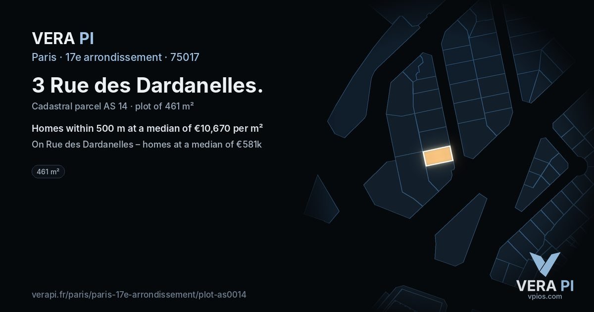 3 Rue des Dardanelles, 17e arrondissement at night – the plot lit, the parcels around coloured by the prices near them