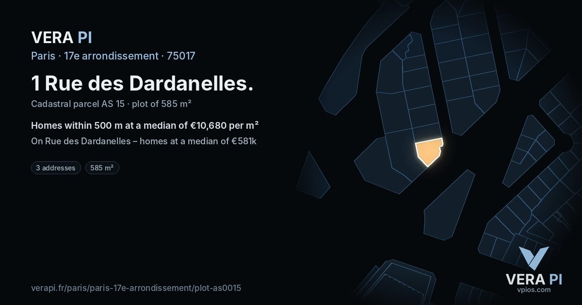 1 Rue des Dardanelles, 17e arrondissement at night – the plot lit, the parcels around coloured by the prices near them