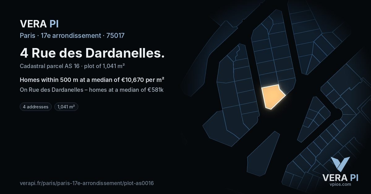 4 Rue des Dardanelles, 17e arrondissement at night – the plot lit, the parcels around coloured by the prices near them