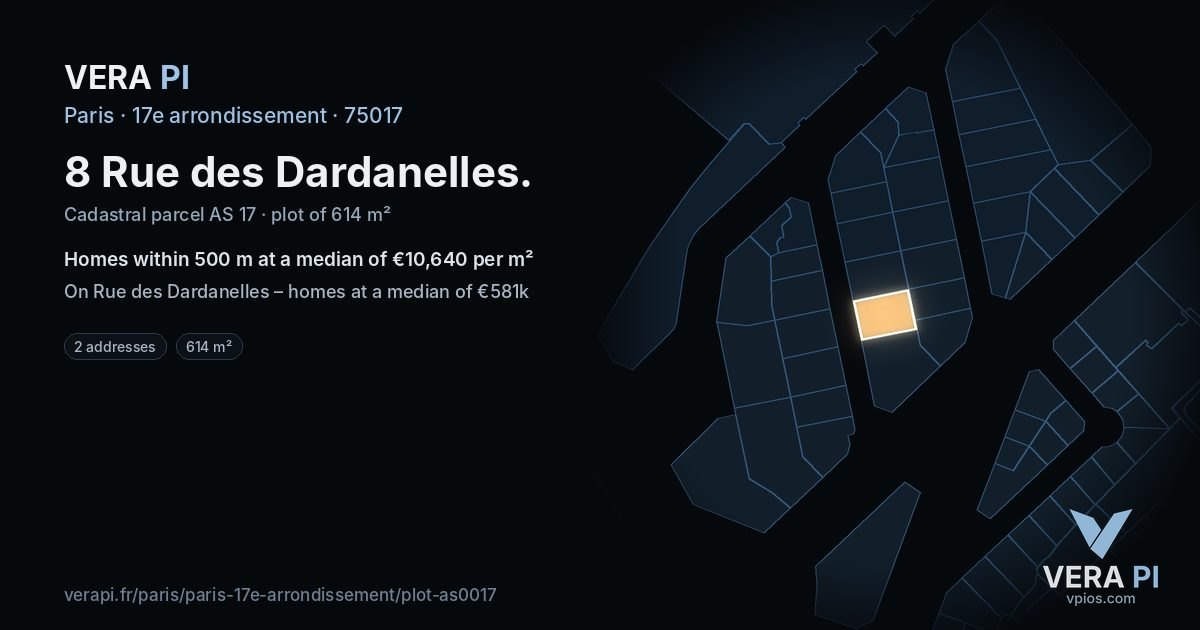 8 Rue des Dardanelles, 17e arrondissement at night – the plot lit, the parcels around coloured by the prices near them