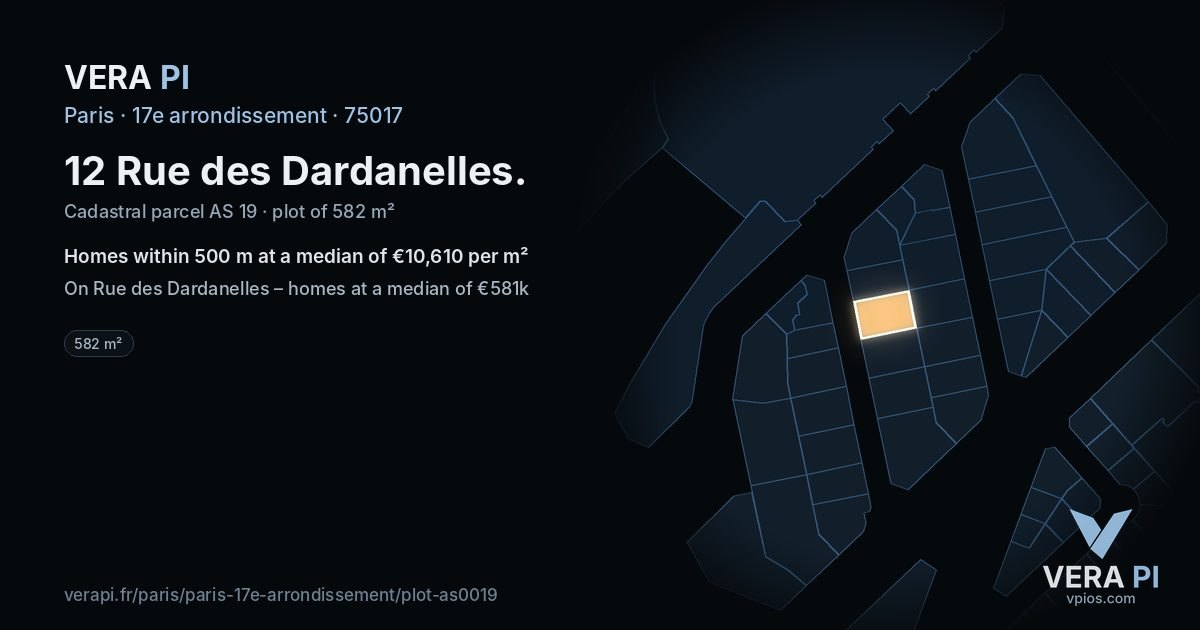 12 Rue des Dardanelles, 17e arrondissement at night – the plot lit, the parcels around coloured by the prices near them