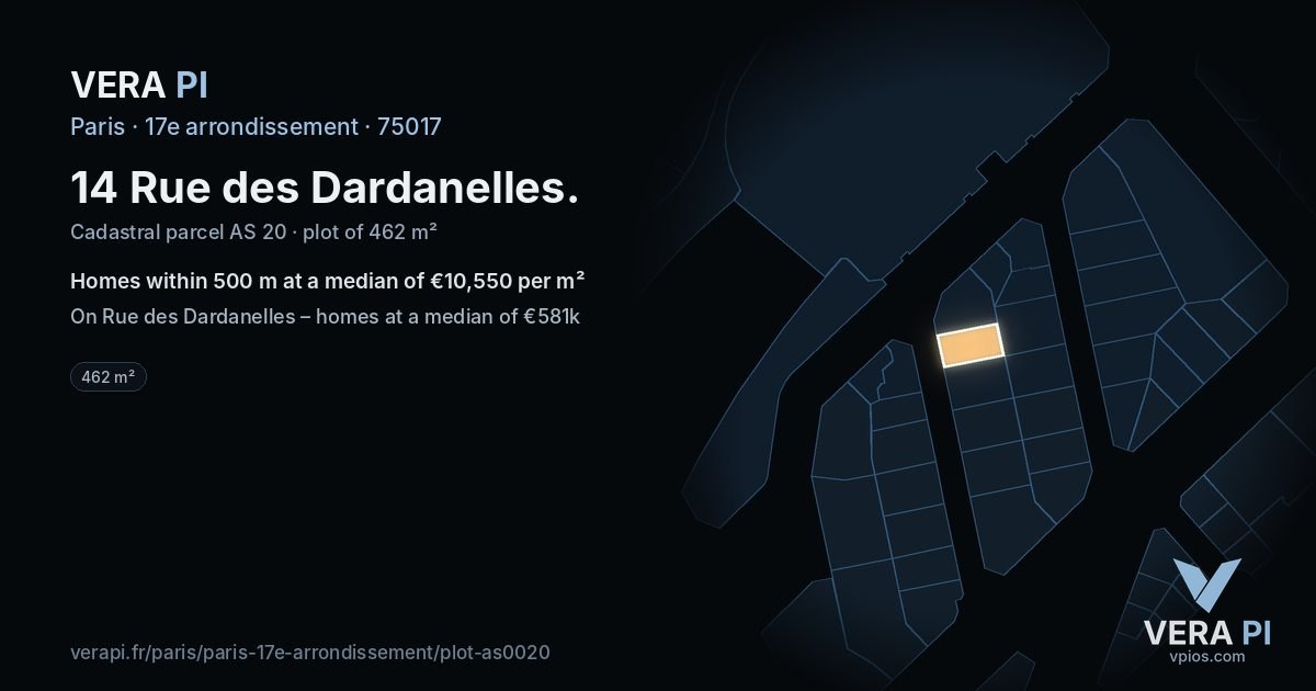 14 Rue des Dardanelles, 17e arrondissement at night – the plot lit, the parcels around coloured by the prices near them