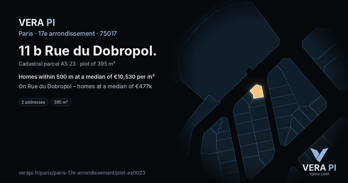 11 b Rue du Dobropol, 17e arrondissement at night – the plot lit, the parcels around coloured by the prices near them