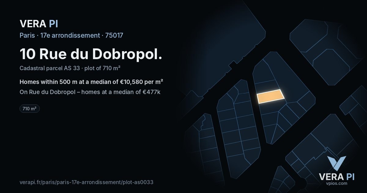 10 Rue du Dobropol, 17e arrondissement at night – the plot lit, the parcels around coloured by the prices near them