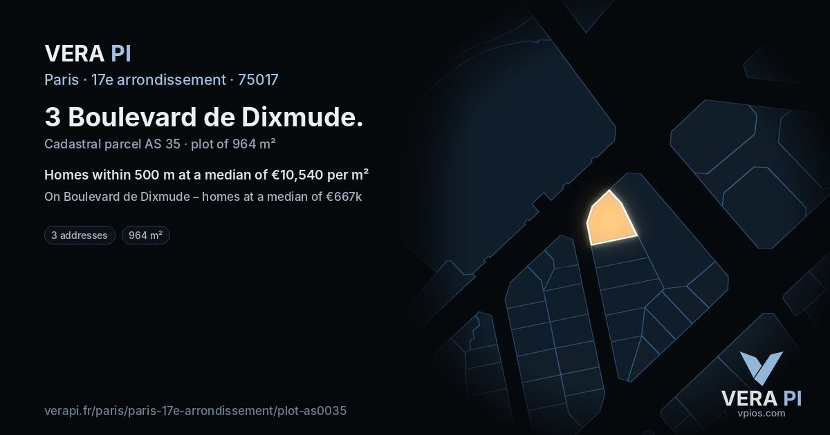 3 Boulevard de Dixmude, 17e arrondissement at night – the plot lit, the parcels around coloured by the prices near them