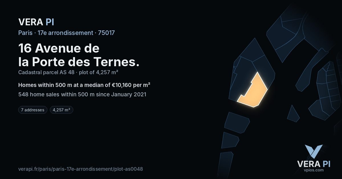 16 Avenue de la Porte des Ternes, 17e arrondissement at night – the plot lit, the parcels around coloured by the prices near them