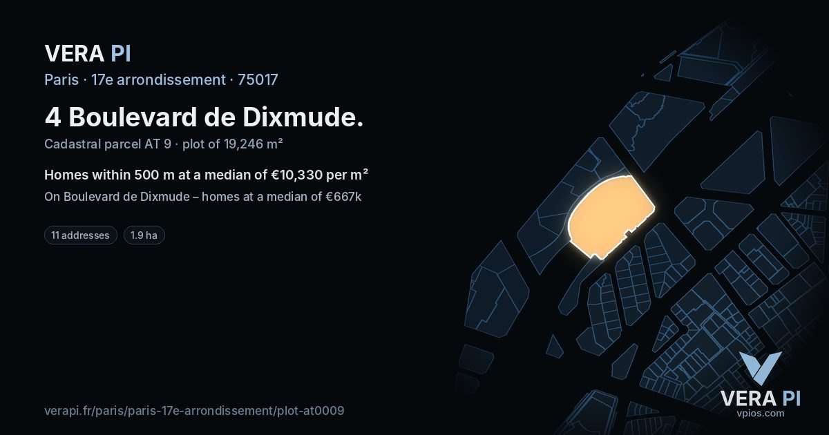 4 Boulevard de Dixmude, 17e arrondissement at night – the plot lit, the parcels around coloured by the prices near them