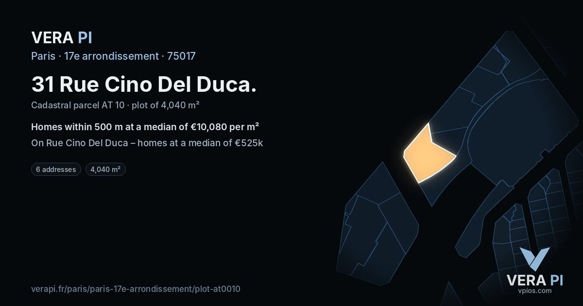 31 Rue Cino Del Duca, 17e arrondissement at night – the plot lit, the parcels around coloured by the prices near them