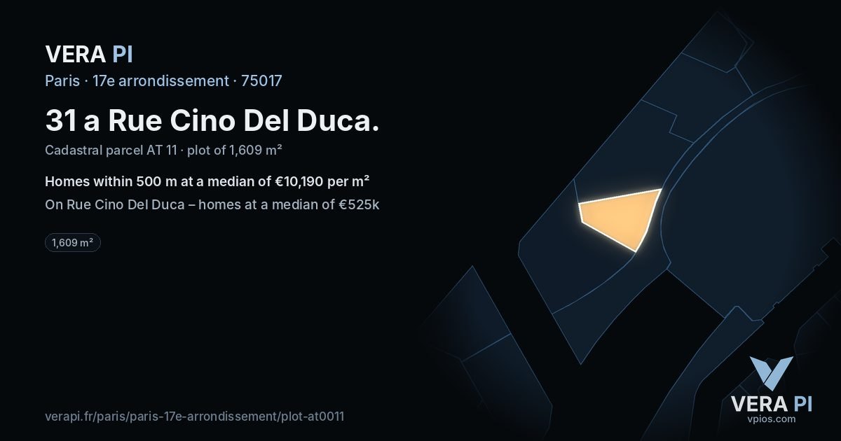 31 a Rue Cino Del Duca, 17e arrondissement at night – the plot lit, the parcels around coloured by the prices near them