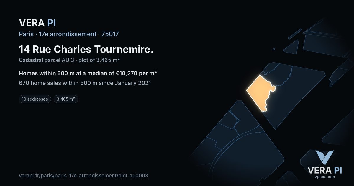 14 Rue Charles Tournemire, 17e arrondissement at night – the plot lit, the parcels around coloured by the prices near them