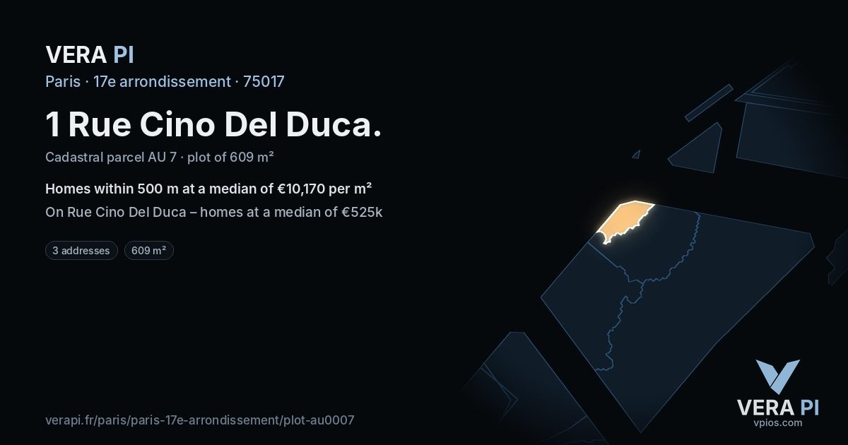 1 Rue Cino Del Duca, 17e arrondissement at night – the plot lit, the parcels around coloured by the prices near them