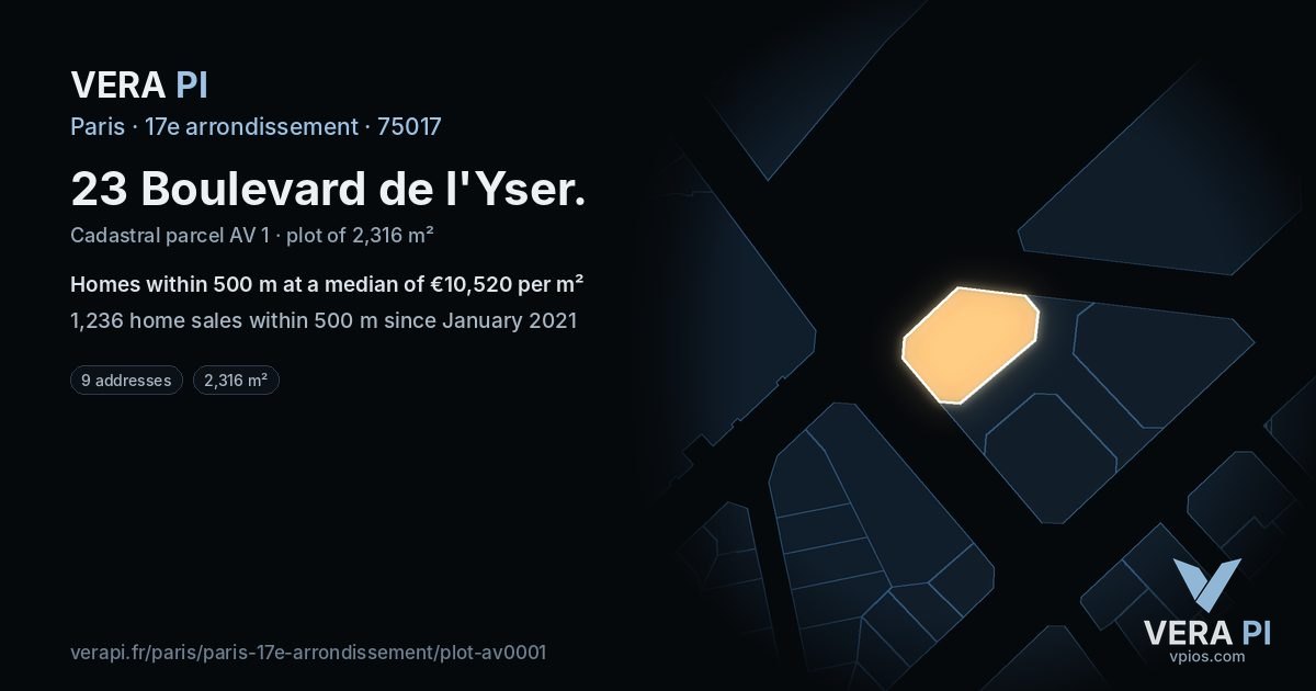 23 Boulevard de l'Yser, 17e arrondissement at night – the plot lit, the parcels around coloured by the prices near them