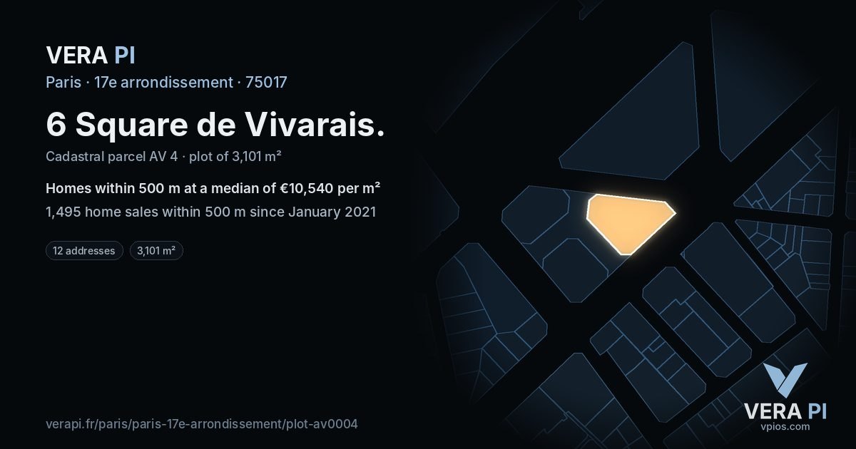 6 Square de Vivarais, 17e arrondissement at night – the plot lit, the parcels around coloured by the prices near them