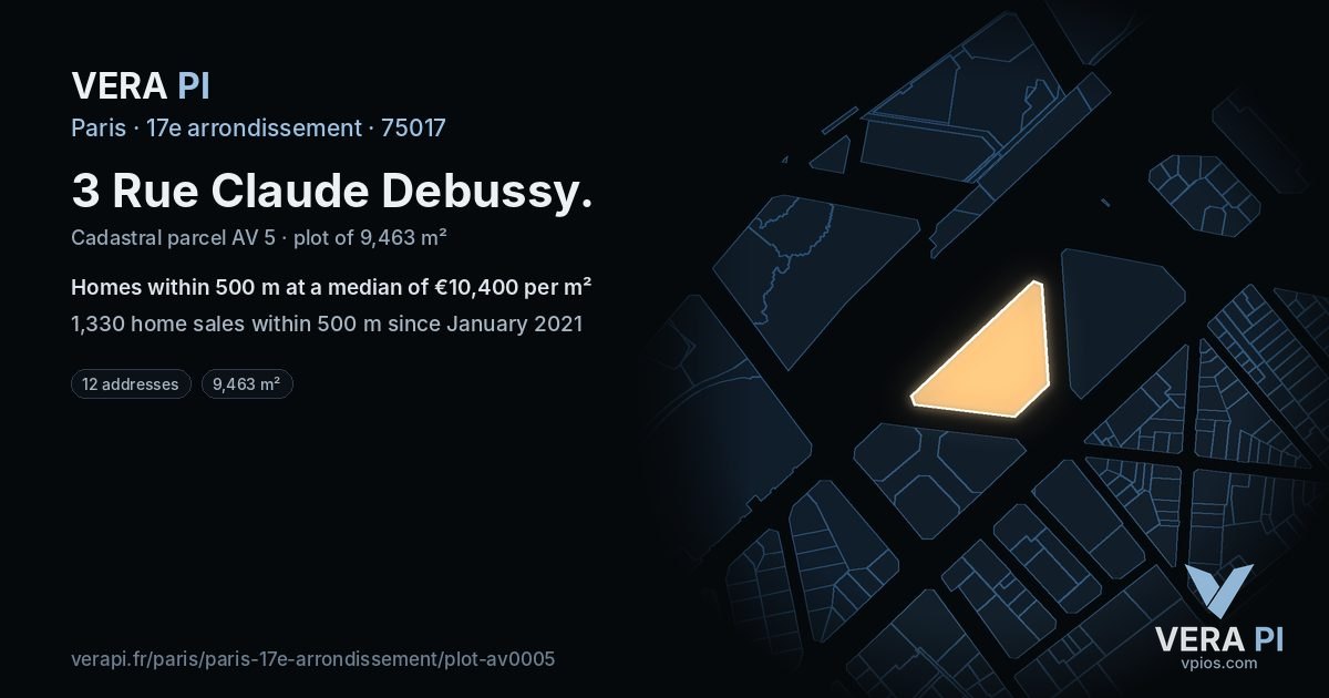 3 Rue Claude Debussy, 17e arrondissement at night – the plot lit, the parcels around coloured by the prices near them