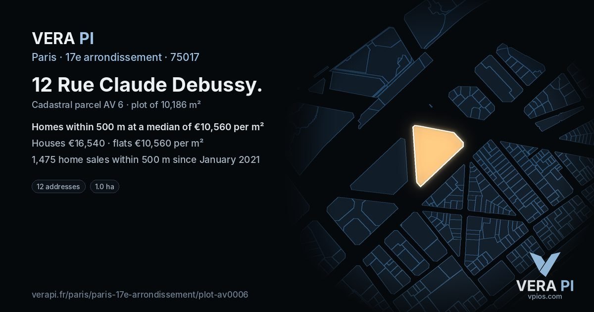 12 Rue Claude Debussy, 17e arrondissement at night – the plot lit, the parcels around coloured by the prices near them