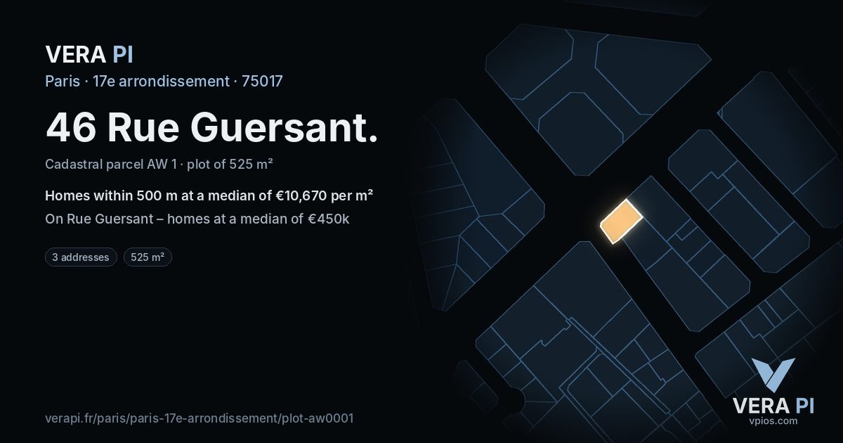 46 Rue Guersant, 17e arrondissement at night – the plot lit, the parcels around coloured by the prices near them