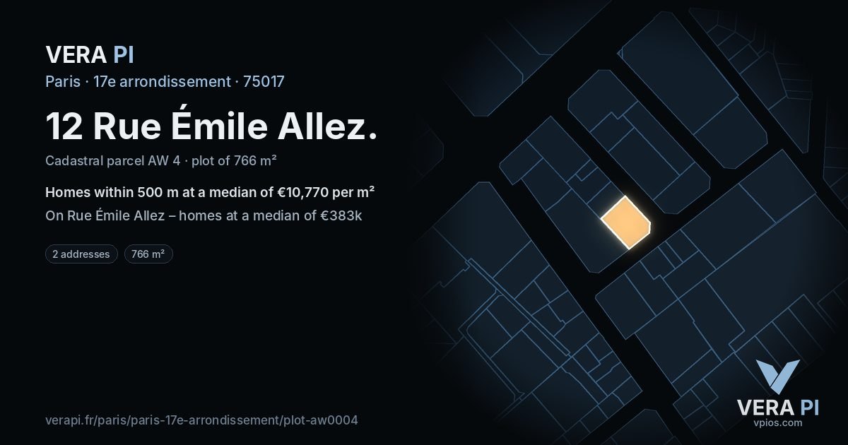 12 Rue Émile Allez, 17e arrondissement at night – the plot lit, the parcels around coloured by the prices near them