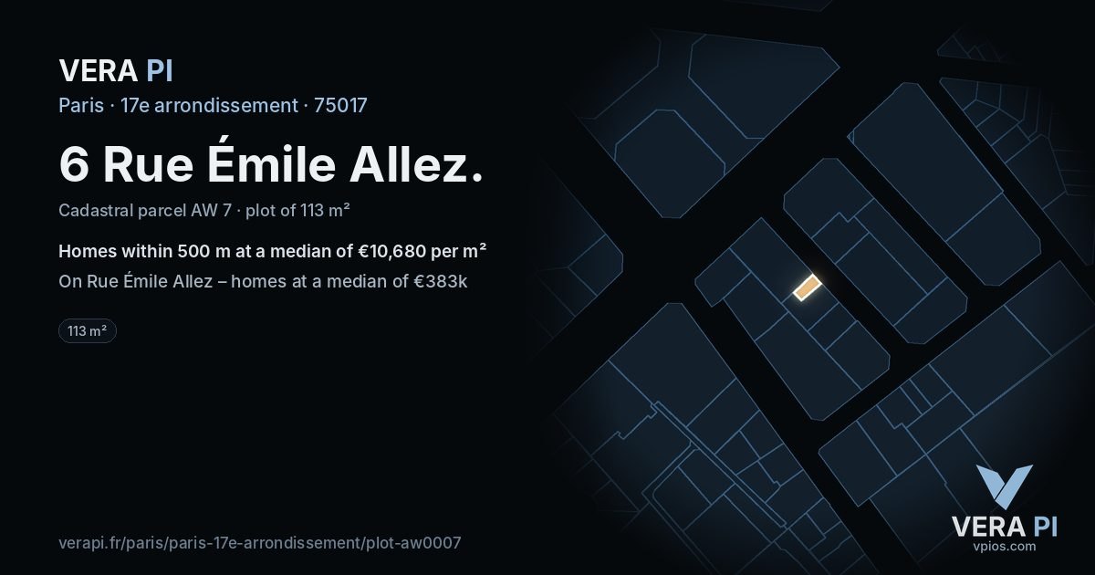 6 Rue Émile Allez, 17e arrondissement at night – the plot lit, the parcels around coloured by the prices near them