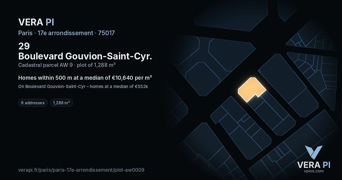 29 Boulevard Gouvion-Saint-Cyr, 17e arrondissement at night – the plot lit, the parcels around coloured by the prices near them