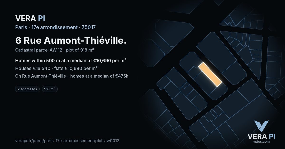 6 Rue Aumont-Thiéville, 17e arrondissement at night – the plot lit, the parcels around coloured by the prices near them