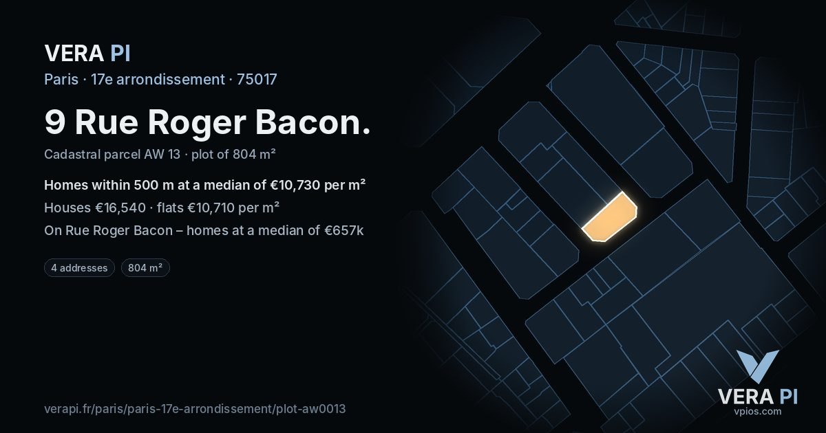 9 Rue Roger Bacon, 17e arrondissement at night – the plot lit, the parcels around coloured by the prices near them
