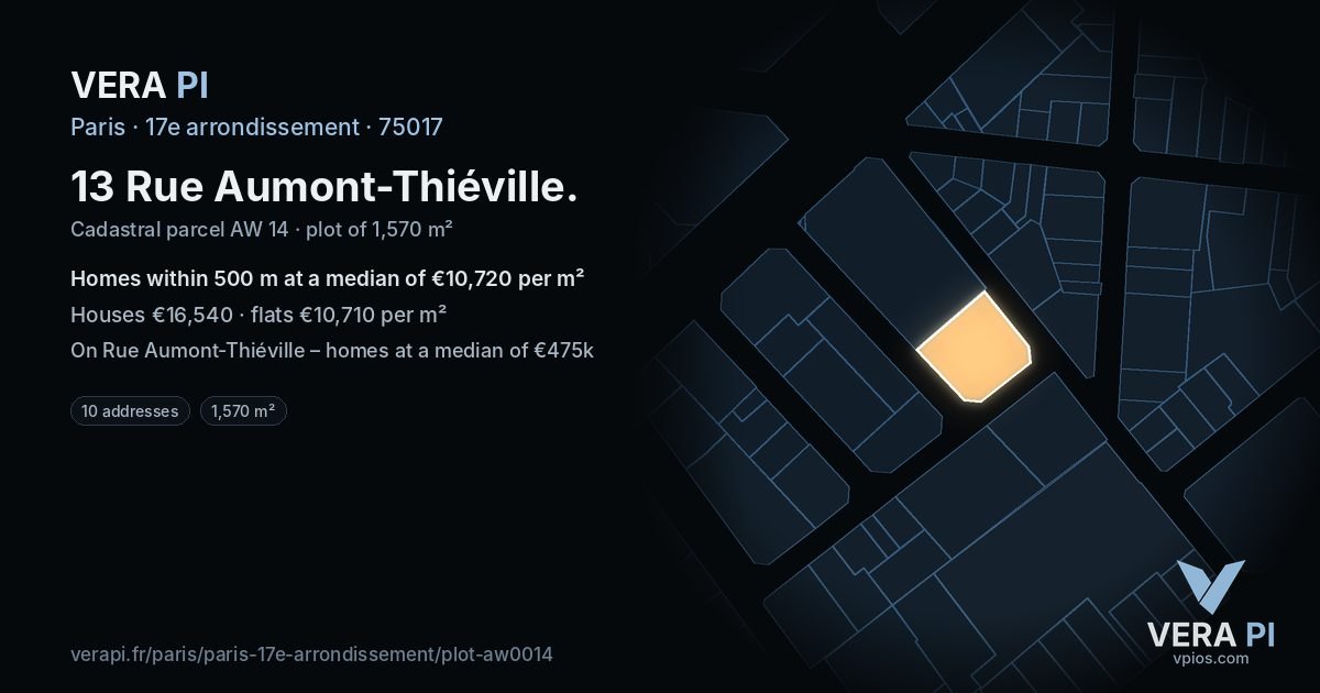 13 Rue Aumont-Thiéville, 17e arrondissement at night – the plot lit, the parcels around coloured by the prices near them