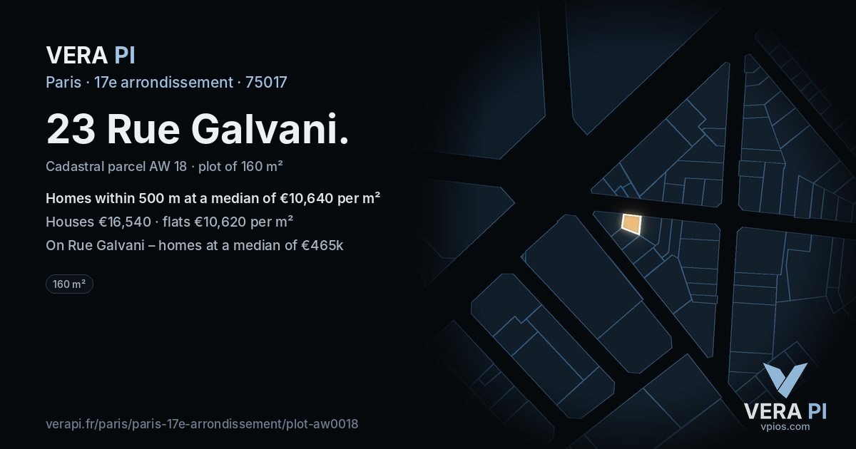23 Rue Galvani, 17e arrondissement at night – the plot lit, the parcels around coloured by the prices near them