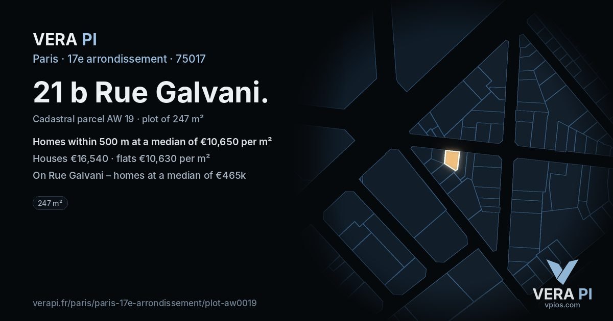 21 b Rue Galvani, 17e arrondissement at night – the plot lit, the parcels around coloured by the prices near them