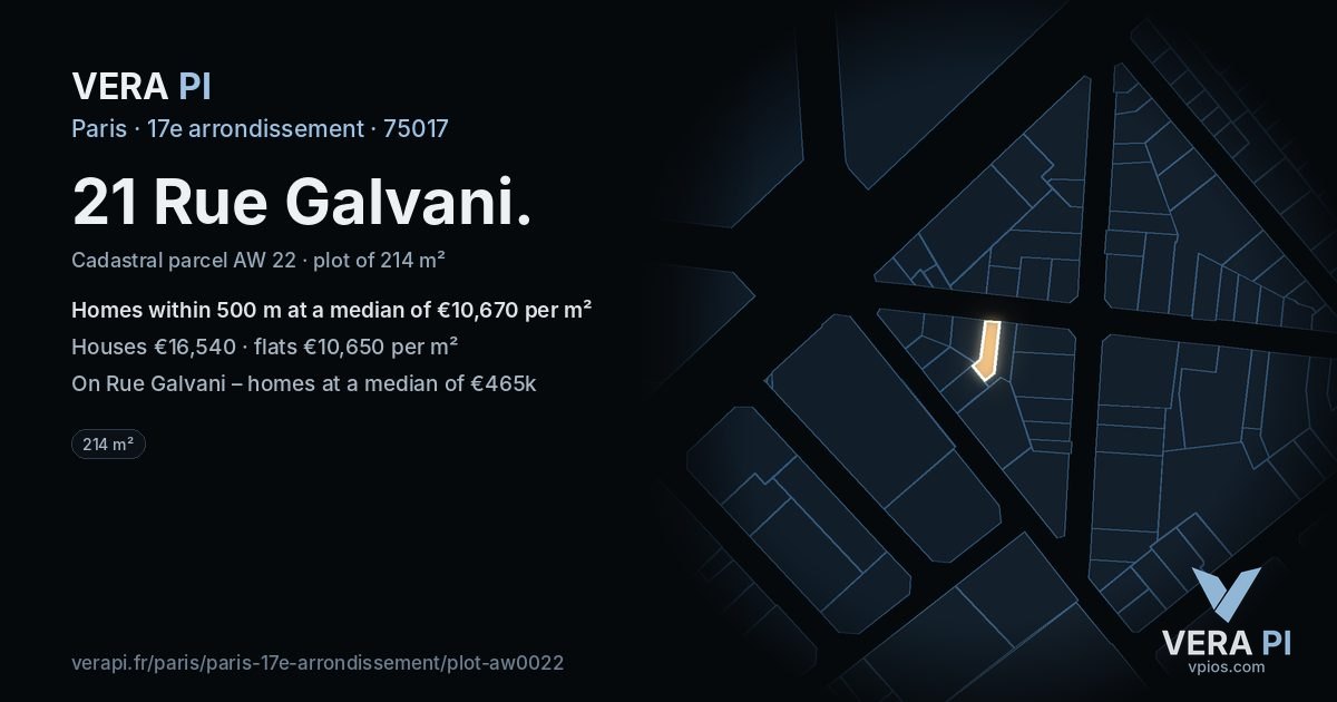 21 Rue Galvani, 17e arrondissement at night – the plot lit, the parcels around coloured by the prices near them