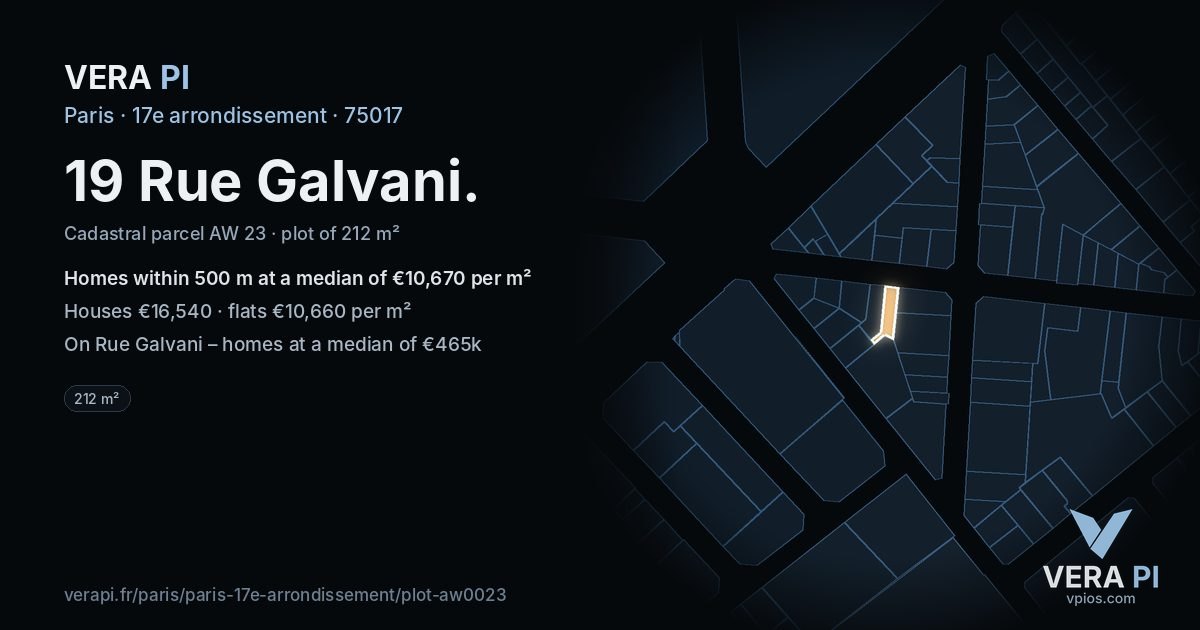 19 Rue Galvani, 17e arrondissement at night – the plot lit, the parcels around coloured by the prices near them