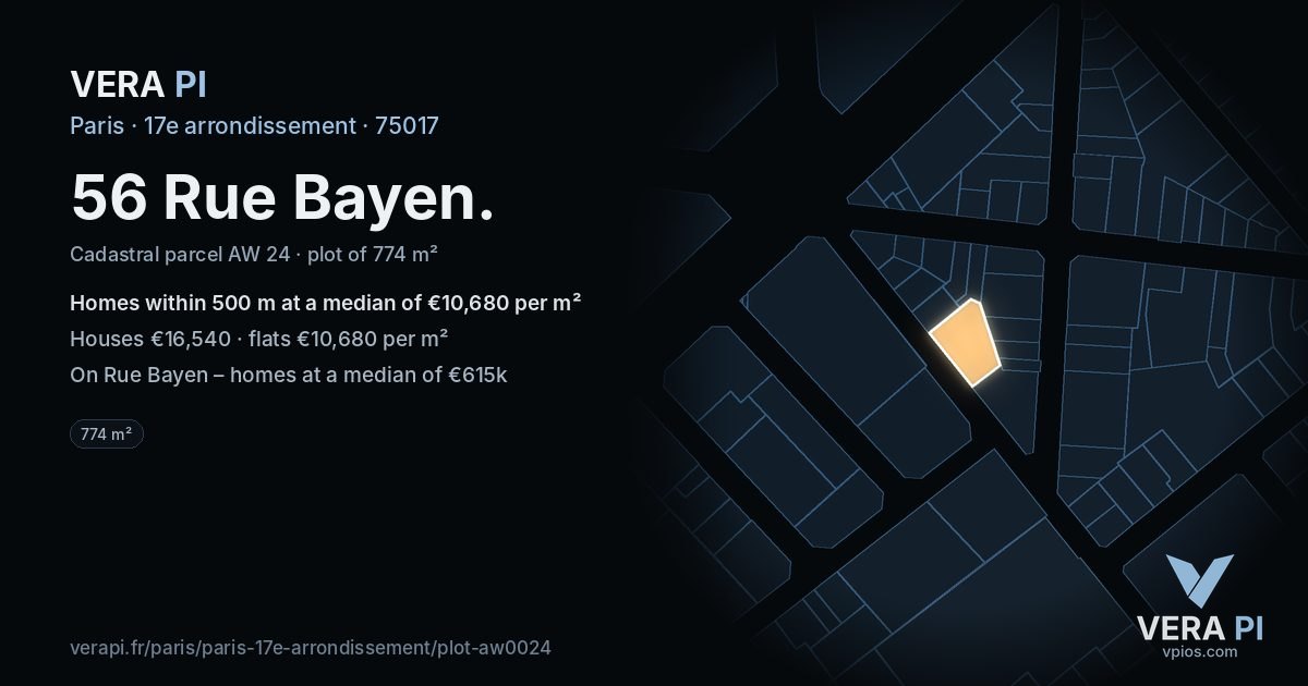 56 Rue Bayen, 17e arrondissement at night – the plot lit, the parcels around coloured by the prices near them