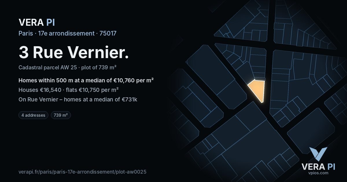 3 Rue Vernier, 17e arrondissement at night – the plot lit, the parcels around coloured by the prices near them