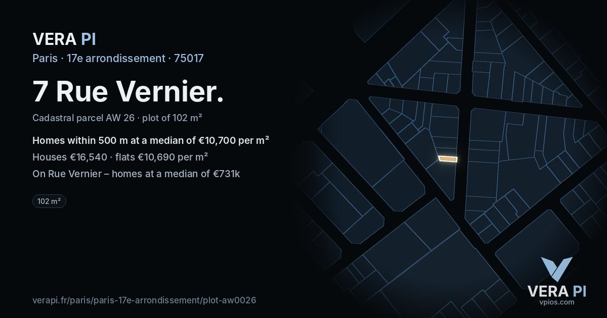 7 Rue Vernier, 17e arrondissement at night – the plot lit, the parcels around coloured by the prices near them