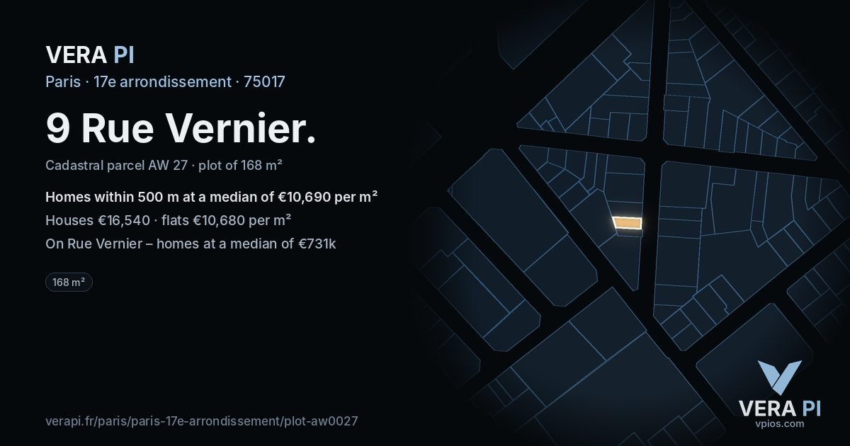 9 Rue Vernier, 17e arrondissement at night – the plot lit, the parcels around coloured by the prices near them