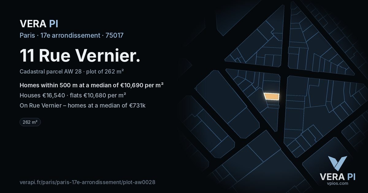 11 Rue Vernier, 17e arrondissement at night – the plot lit, the parcels around coloured by the prices near them