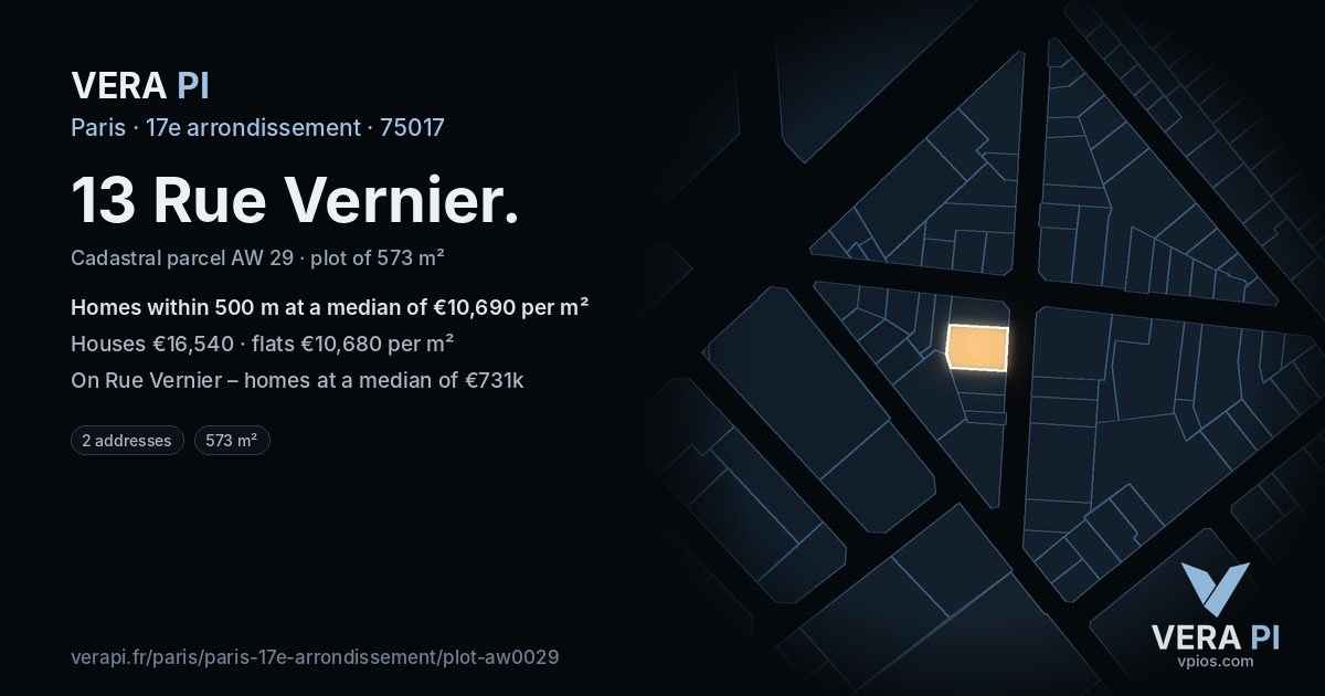 13 Rue Vernier, 17e arrondissement at night – the plot lit, the parcels around coloured by the prices near them