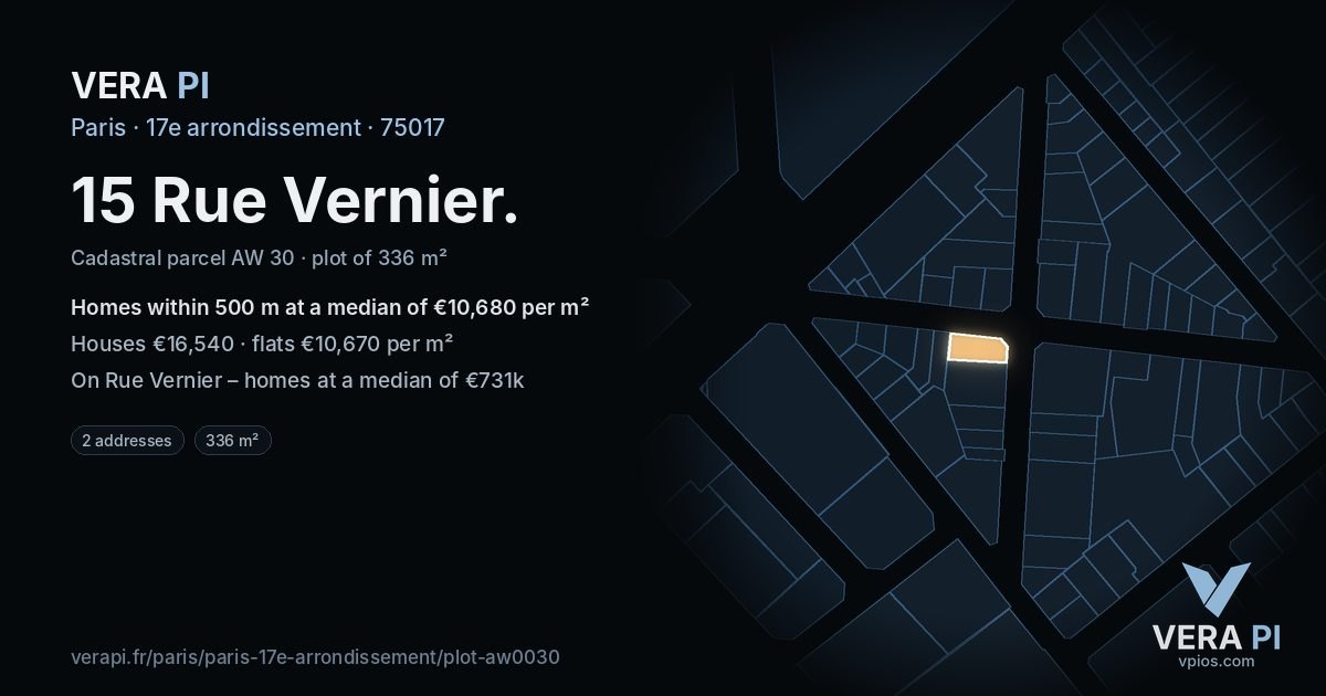 15 Rue Vernier, 17e arrondissement at night – the plot lit, the parcels around coloured by the prices near them