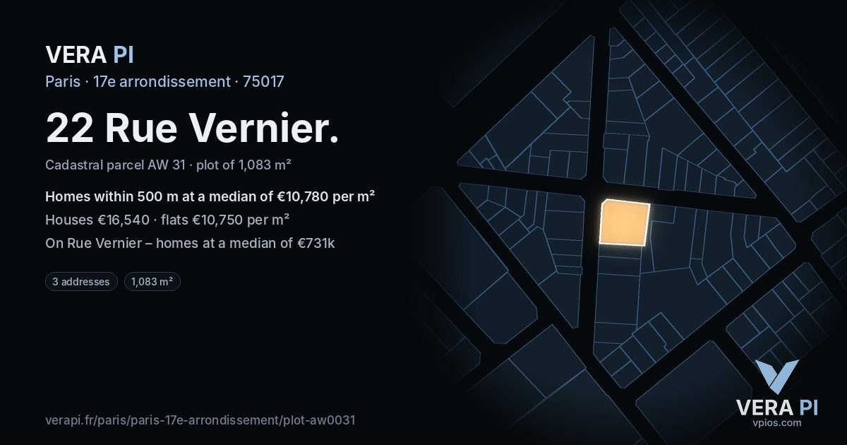 22 Rue Vernier, 17e arrondissement at night – the plot lit, the parcels around coloured by the prices near them