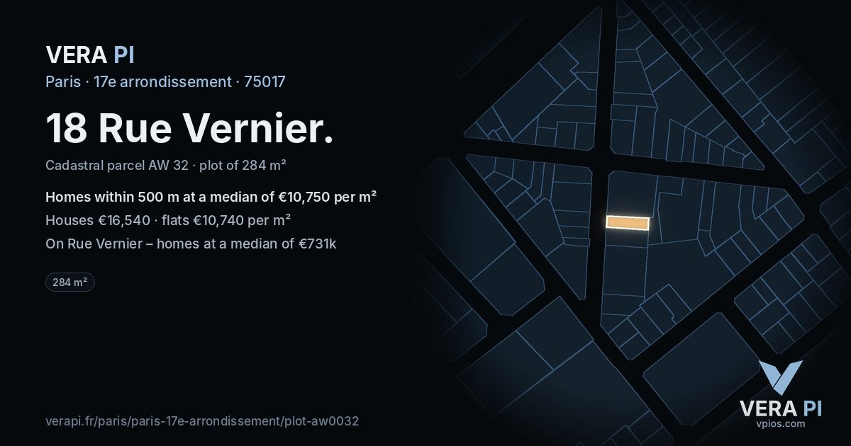18 Rue Vernier, 17e arrondissement at night – the plot lit, the parcels around coloured by the prices near them