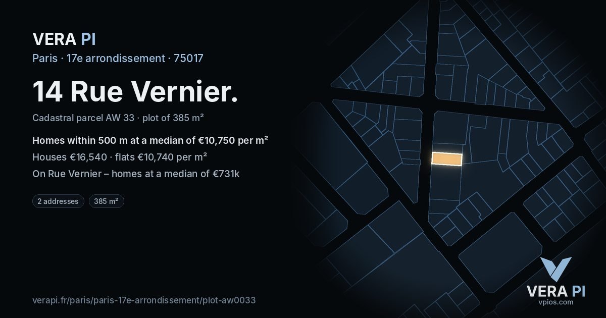 14 Rue Vernier, 17e arrondissement at night – the plot lit, the parcels around coloured by the prices near them