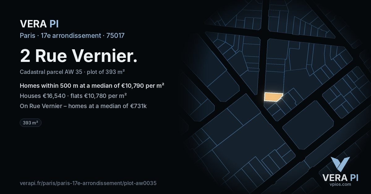 2 Rue Vernier, 17e arrondissement at night – the plot lit, the parcels around coloured by the prices near them