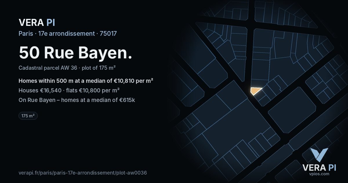 50 Rue Bayen, 17e arrondissement at night – the plot lit, the parcels around coloured by the prices near them
