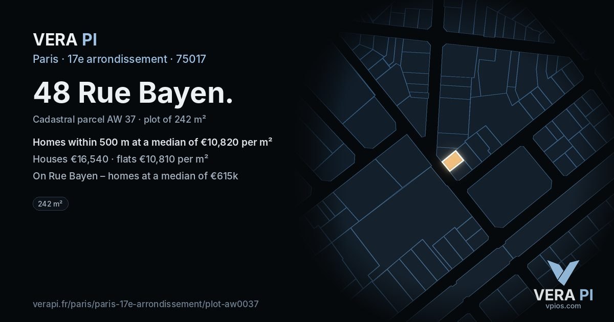 48 Rue Bayen, 17e arrondissement at night – the plot lit, the parcels around coloured by the prices near them