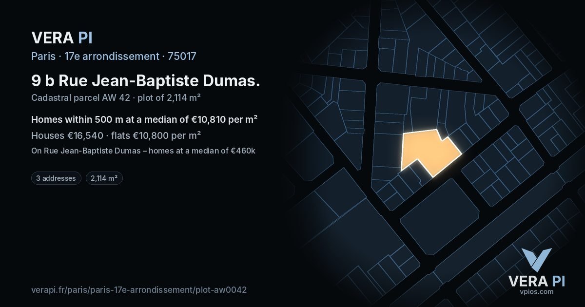 9 b Rue Jean-Baptiste Dumas, 17e arrondissement at night – the plot lit, the parcels around coloured by the prices near them