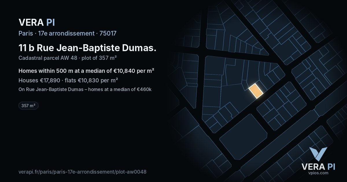 11 b Rue Jean-Baptiste Dumas, 17e arrondissement at night – the plot lit, the parcels around coloured by the prices near them