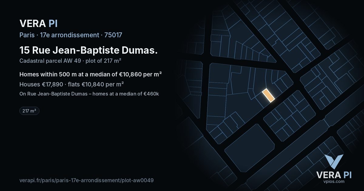 15 Rue Jean-Baptiste Dumas, 17e arrondissement at night – the plot lit, the parcels around coloured by the prices near them