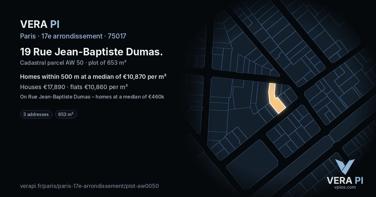 19 Rue Jean-Baptiste Dumas, 17e arrondissement at night – the plot lit, the parcels around coloured by the prices near them